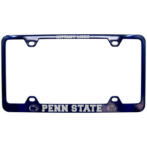 license plate frame slim navy with engraved Nittany Lions at top, Penn State and Athletic Logos at bottom